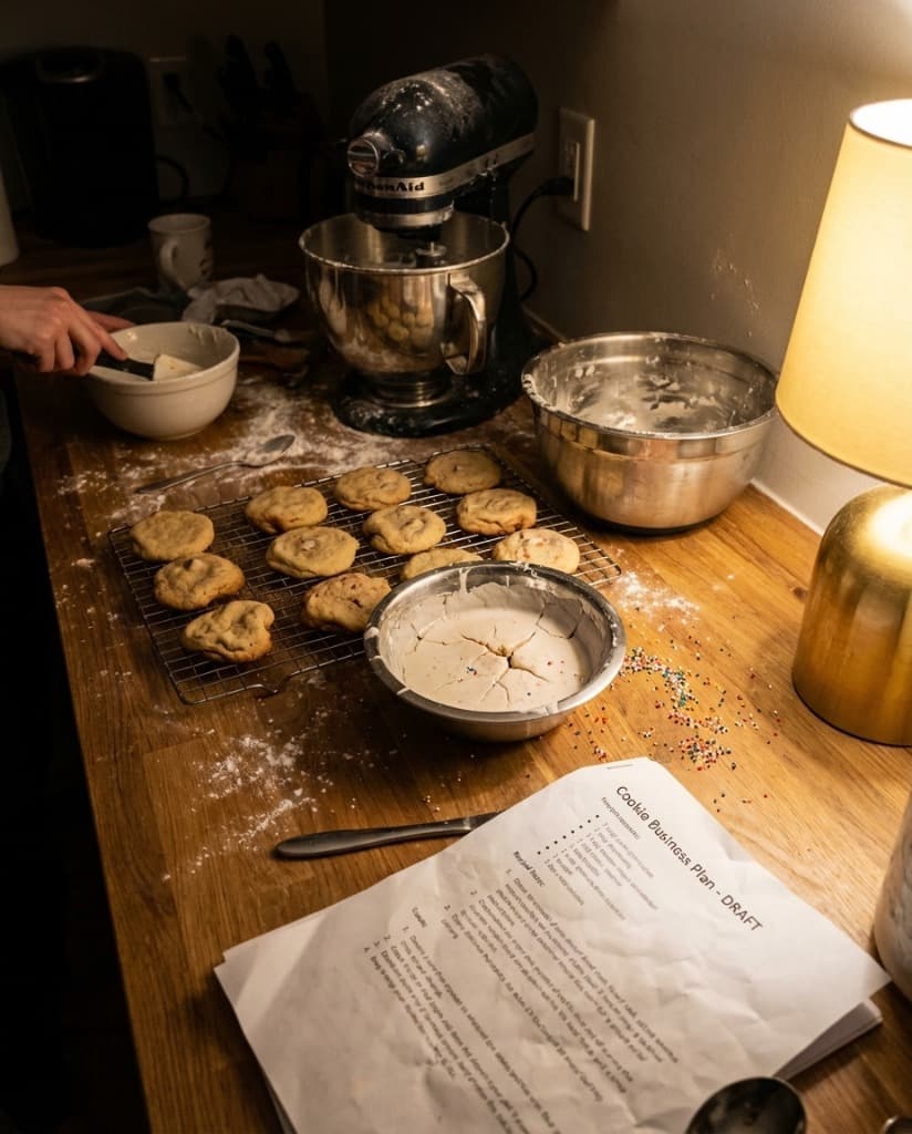Stressed baker bringing hands to face in messy kitchen